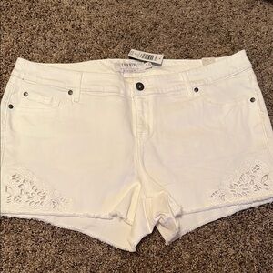 Torrid White Jean Shorts with Lace Embellishments